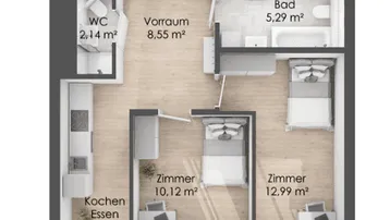 Detaillierter Grundriss einer Wohnung mit drei Zimmern, Loggia und offenem Wohnbereich.