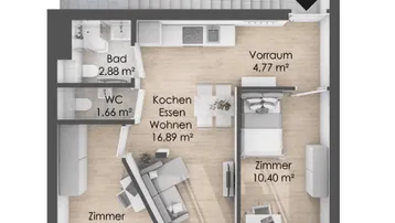 Detaillierter Grundriss einer modernen Wohnung mit offener Wohnküche, zwei Schlafzimmern und Loggia.