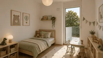 Helles Kinderzimmer mit Holzboden, Spielbereich und Zugang zu einem französischen Balkon.