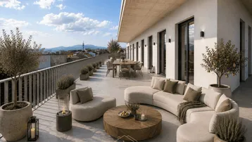 Große, modern eingerichtete Dachterrasse mit bequemen Loungemöbeln und weitem Blick über die Stadt und Berge.