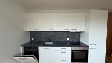 Moderne Einbauküche mit weißen Schränken, dunkler Arbeitsplatte und integriertem Geschirrspüler.