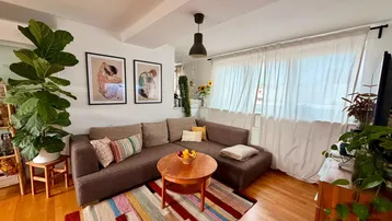 Gemütliches Wohnzimmer mit großem Ecksofa, farbenfrohem Teppich und vielen Pflanzen.