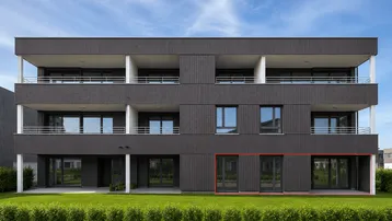 Moderne Wohnanlage mit dunkler Holzfassade, Balkonen und Grünflächen im Vordergrund.