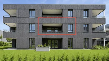 Moderne Fassade eines Mehrfamilienhauses mit Holzverkleidung und integrierten Balkonen.