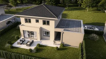 Moderne Einfamilienhaus-Visualisierung mit Terrasse, Garten und Carport in grüner Umgebung.