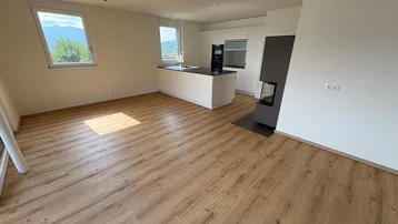 Heller offener Wohnbereich mit moderner Küche, Kamin und weitem Blick aus den Fenstern.