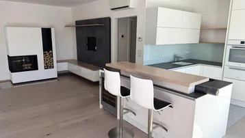 Moderne offene Küche mit Kochinsel, Kamin und hellem Holzfußboden im Wohnbereich.