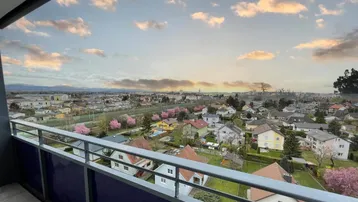 Panoramablick vom Balkon über eine Wohnsiedlung mit blühenden Bäumen und weitem Himmel bei Sonnenuntergang.