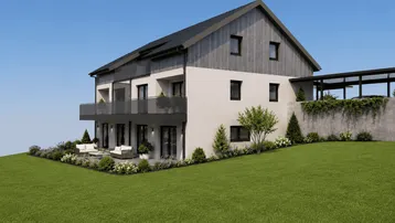 Moderne Wohnanlage mit Terrassen, Balkonen und gepflegter Grünfläche, umgeben von Natur.