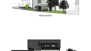 Architektonische Zeichnungen der Nord- und Ostansicht eines modernen Gebäudes mit Carport.