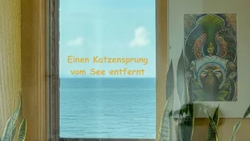 Innenraum mit Katze am Fenster und direktem Blick auf den See, der nur einen Katzensprung entfernt ist.