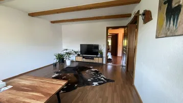Helles Wohnzimmer mit Holzbalken, Laminatboden und gemütlichem Teppich.