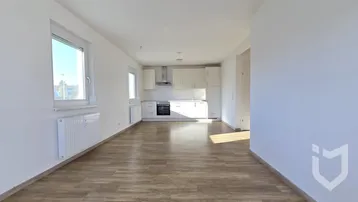 Offener Wohnbereich mit integrierter weißer Küche und hellem Laminatboden, durchflutet von Tageslicht.