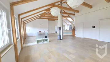 Geräumiger Wohnbereich mit sichtbaren Holzbalken, Kaminofen und großen Fenstern.