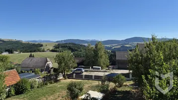 Weitläufiger Blick über die grüne Hügellandschaft mit Bergen im Hintergrund unter blauem Himmel.