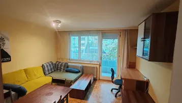 Helles Wohnzimmer mit Parkettboden, Schlafsofa, Schreibtisch und Zugang zum Balkon.