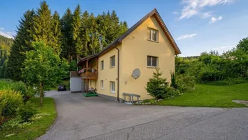 Gelbes Einfamilienhaus mit Satteldach, Balkon und Zufahrt, umgeben von viel Grün und Wald.