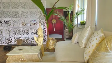 Helles Wohnzimmer mit beigem Sofa, dekorativem Raumteiler und exotischen Pflanzen.