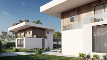 Moderne Architektur mit Flachdach, Holzfassade und privatem Pool im Gartenbereich.