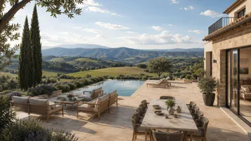 Großzügige Terrasse mit Infinity-Pool, Essbereich und atemberaubendem Blick auf die umliegende Hügellandschaft.