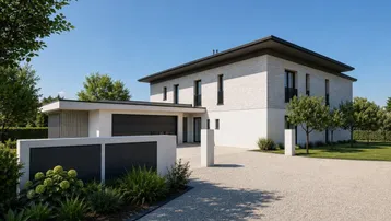 Moderne Villa mit klaren Linien, großem Vorplatz und integrierter Garage unter blauem Himmel.
