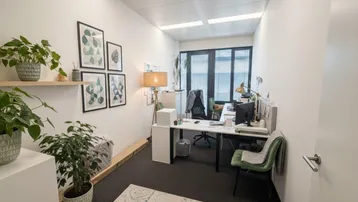 Modernes Büro mit Schreibtisch, Pflanzen und Teppichboden, gut beleuchtet durch große Fenster.
