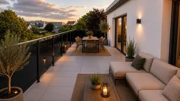 Große, möblierte Dachterrasse mit Essbereich und Lounge-Sofa, ideal für entspannte Abende im Freien.