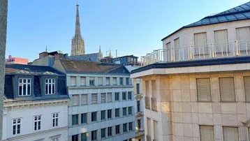 Blick über die Dächer der Stadt mit dem Stephansdom im Hintergrund und umliegenden Gebäuden.