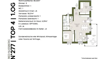 Grundriss des 1. Obergeschosses mit drei Zimmern, offenem Wohnbereich, Bad, WC und großer Terrasse.
