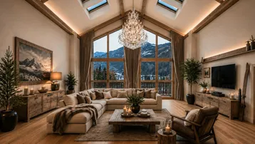 Großzügiges Wohnzimmer im alpinen Stil mit hohen Decken, Holzbalken und atemberaubendem Bergblick.