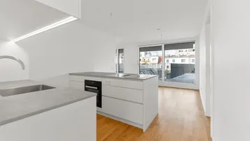 Moderne offene Küche mit Kochinsel, integriertem Backofen und Zugang zur Terrasse.