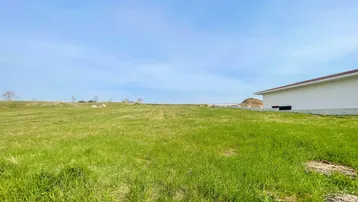 Weitläufige grüne Wiese mit einem modernen Gebäude im Hintergrund unter blauem Himmel.