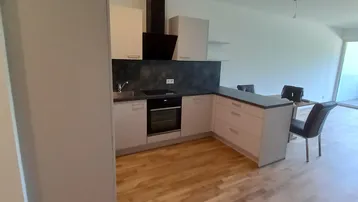 Moderne Einbauküche mit hellen Fronten, dunkler Arbeitsplatte und Holzboden in einem offenen Wohnbereich.