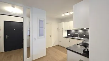 Moderne Küche mit hellen Schränken, dunkler Arbeitsplatte und Holzboden, angrenzend an den Eingangsbereich.