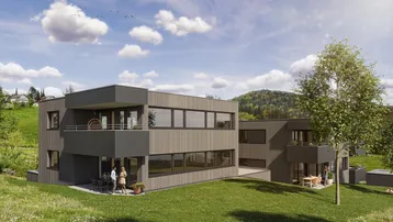 Moderne Architektur eines Wohngebäudes mit Balkonen und Terrassen, eingebettet in eine grüne Hügellandschaft.