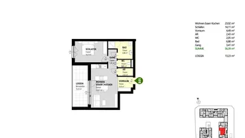 Grundriss der Wohnung TOP B05 im ersten Obergeschoss mit Loggia und offenem Wohnbereich.