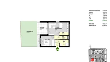 Grundriss des Erdgeschosses von Haus C mit Wohn-Ess-Kochbereich, Schlafzimmer, Bad, WC, Terrasse und Eigengarten.