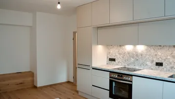 Moderne Küche mit hellgrauen Schränken, Steinrückwand, integriertem Backofen und Holzboden.