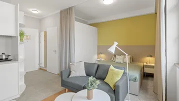 Helles Studio-Apartment mit kombiniertem Wohn-, Schlaf- und Küchenbereich, modern eingerichtet.
