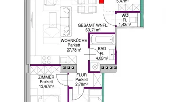 Grundriss einer Wohnung mit Wohnküche, zwei Zimmern, Bad, WC und einem Balkon.