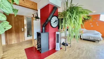 Wohnbereich mit einem modernen Holzofen, roter Wand und Holzboden.