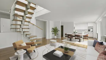 Modernes, virtuell inszeniertes Wohnzimmer mit offener Küche, Essbereich und eleganter Wendeltreppe.