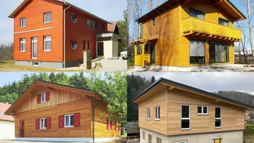 Vier verschiedene Holzhäuser mit unterschiedlichen Dachformen und Fassadengestaltungen, einige mit Balkonen und Fensterläden.