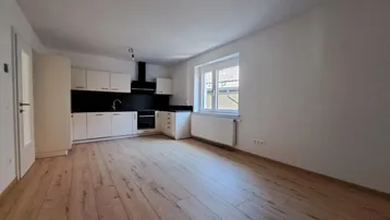 Heller offener Wohnbereich mit integrierter Küche, modernem Design und Holzfußboden.