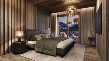 Gemütliches Schlafzimmer mit Holzelementen, Balkonzugang und Bergblick in moderner alpiner Ästhetik.