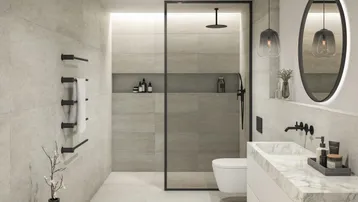 Modernes Badezimmer mit begehbarer Dusche, Marmorwaschtisch und ovalem Spiegel.