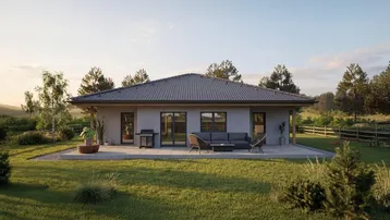 Moderne Hausrückseite mit großer Terrasse, bequemen Gartenmöbeln und Grillbereich im Grünen.