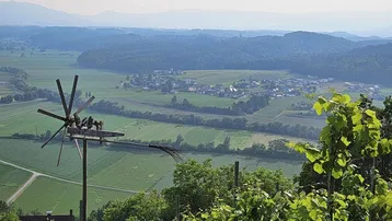 Malerischer Ausblick über ein grünes Tal mit Weinbergen, Feldern und einem kleinen Dorf in der Ferne.