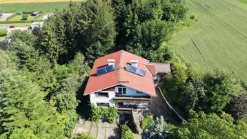 Luftaufnahme eines Einfamilienhauses mit rotem Dach, umgeben von Bäumen und Feldern.
