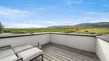 Großzügige Dachterrasse mit Holzbelag, Loungemöbeln und atemberaubendem Weinbergblick.